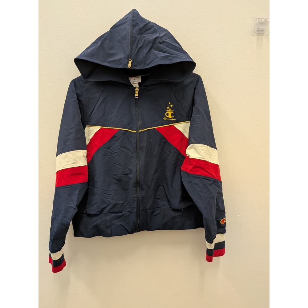 Champion Hooded Windbreaker Jacket Womens Small Navy Red Full Zip Retro៛